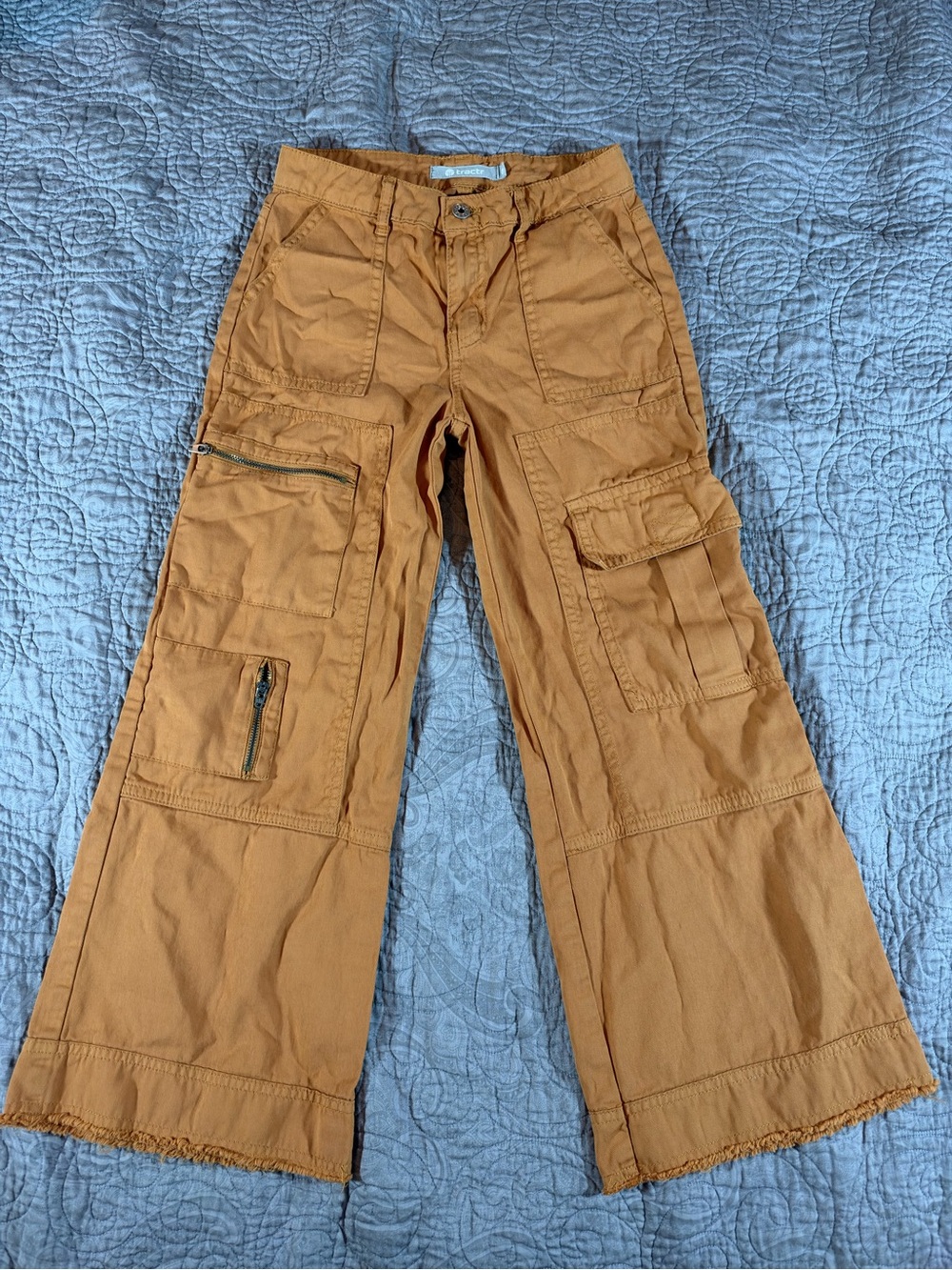 Tractr Girls Size 8 Wide Leg Cargo Pants Tan Caramel Zipper Pockets